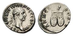Trajan AR Drachm of Lycia.Trajan AR Drachm of Lycia. AD 98-99. Laureate head right / Owl standing right, head facing, on two lyres. BMC 10; SNG von Aulock 4267. 3.47g, 18mm, 7h. About Extremely Fine.