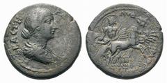 Faustina Junior Æ25 of Nysa [?], Lydia.Faustina Junior Æ25 of Nysa [?], Lydia. AD 147-175. Diademed and draped bust right / Veiled Hades dragging away protesting Persephone in quadriga right. SNG Cope
