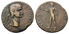 Claudius Æ Sestertius.Claudius Æ Sestertius. Gallic Imitation. Laureate head right / Spes standing left, holding flower and raising hem of skirt, SC in exergue. RIC 99; Cohen 85; BMC 124. 17.97g, 33mm