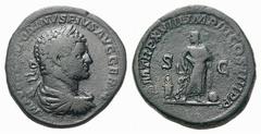 Caracalla Æ Sestertius.Caracalla Æ Sestertius. Rome, AD 215. Laureate, draped and cuirassed bust right / Aesculapius standing right, head left, holding staff around which serpent is entwined, flanked 