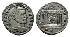 Constantine I, as Caesar, Æ Follis.Constantine I, as Caesar, Æ Follis. Rome, AD 307. Laureate head right / Roma seated facing within hexastyle temple, holding globe and sceptre; shield behind. RIC 196