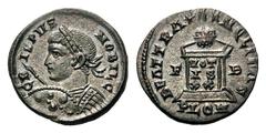 Crispus Æ Follis.Crispus Æ Follis. London, circa AD 322-323. Laureate and cuirassed bust left, holding spear and shield / Globe set on altar inscribed VOT-IS-XX, three stars above, F-B across fields, 