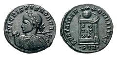 Crispus Æ Follis.Crispus Æ Follis. Trier, AD 322-323. Laureate and cuirassed bust left, holding spear and shield / Globe set on altar inscribed VO-TIS-XX, three stars above, PTR in exergue. RIC 372. 3