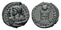 Constantine II Æ Follis.Constantine II Æ Follis. Trier, AD 322. Laureate, draped and cuirassed bust left, holding Victory on globe / Globe on altar inscribed VO-TIS-XX; three stars above; STR in exerg