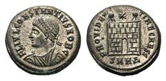 Constantius II Æ Follis.Constantius II Æ Follis. Heraclea, AD 325-326. Laureate, draped and cuirassed bust left / Camp gate with two turrets, star above, seven stone layers, SMHΔ in exergue. RIC 97. 4