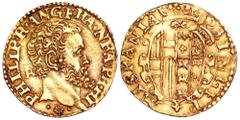 Napoli. Filippo II (1554-1598). AV Scudo c. 1554-1556. PHILIP R ANG FRAN NEAP P HI, Testa nuda a d. ; dietro, IBR in nesso / PRINCE HISPANI Stemma coronato di Austria, Aragona, Inghilterra e Francia. 