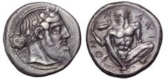 Sicily, Naxos AR Tetradrachm. Circa 460 BC. Bearded head of Dionysos right, wearing ivy wreath, his hair tied in a krobylos behind / Nude, bearded and ithyphallic Silenos squatting facing, head left, 