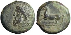 Sicily, Syracuse Æ Dilitron. Time of Timoleon and the Third Democracy, circa 344-317 BC. Laureate head of Zeus Eleutherios left, ΖΕΥΣ ΕΛΕΥΘΕΡΙΟΣ around / Horse rearing left, ΣYPAKOΣIΩN around. Castriz