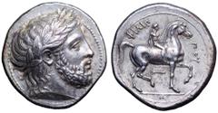 Kingdom of Macedon. Philip II AR Tetradrachm. Lifetime issue. Pella, circa 342-336 BC. Laureate head of Zeus right / Youth on horseback right, holding reins and long palm branch; tripod below horse, Φ