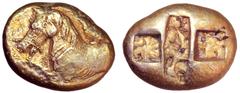 Ionia, Ephesos (?) EL Stater. Circa 575-560 BC. Forepart of bridled horse left, sunburst before; lotus flower on its back / Rectangular incuse punch between two square incuse punches, all with roughly
