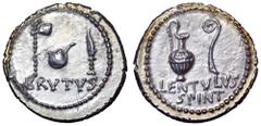 M. Junius Brutus and P. Cornelius Lentulus Spinther AR Denarius. Smyrna, 43-42 BC. Sacrificial axe, simpulum and sacrificial dagger, BRVTVS below / Jug and lituus, LENTVLVS SPINT below. Sear 198; Craw