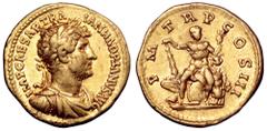 Hadrian AV Aureus. Rome, AD 119-122. IMP CAESAR TRAIAN HADRIANVS AVG, laureate, draped and cuirassed bust right / P M TR P COS III, Hercules seated facing, on shield and cuirass, holding club and dist