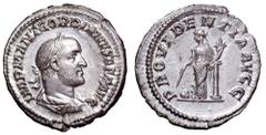 Gordian II AR Denarius. Rome, AD 238. IMP M ANT GORDIANVS AFR AVG, laureate, draped and cuirassed bust right / PROVIDENTIA AVGG, Providentia standing facing, head to left, leaning on column to right a