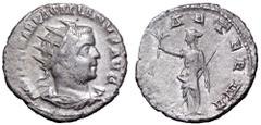Pacatian AR Antoninianus. Viminacium, AD 248-249. IMP TI CL MAR PACATIANVS AVG, radiate, draped and cuirassed bust right / PAX AETERNA, Pax standing left, holding branch and transverse sceptre. RIC 5.
