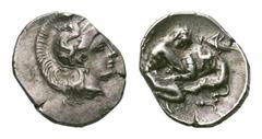 Calabria, Taras AR Diobol. Calabria, Tarentum AR Diobol. 325-280 BC. Helmeted head of Athena left, helmet decorated with Skylla hurling a stone / Herakles wrestling with lion; club behind, grasshopper