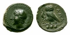 Sicily, Kamarina Æ Tetras. Sicily, Kamarina Æ Tetras. 420-410 BC. Head of Athena left, wearing Attic crested helmet / Owl standing left, holding lizard; in exergue three pellets. SNG ANS 1230. 3.50g, 
