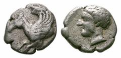 Akarnania, Leukas AR Diobol. Akarnania, Leukas AR Diobol. 400-375 BC. Forepart of Pegasos flying left / Head of Aphrodite left. BCD Akarnania 191. 1.34g, 11mm, 7h. Very Fine. From the Mistakidis Colle