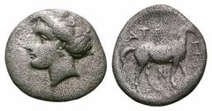 Thessaly, Atrax AR Hemidrachm. Thessaly, Atrax AR Hemidrachm. Early-mid 4th century BC. Head of the nymph Bura left, wearing single-pendant earring and pearl necklace / Horse standing right; ATPAΓ-ION