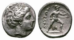 Lokris, Lokris Opuntii AR Hemidrachm. Lokris, Lokris Opuntii AR Hemidrachm. 300 BC. Head of Demeter right, wearing wreath of grain ears / Ajax, nude but for crested Corinthian helmet, advancing right,