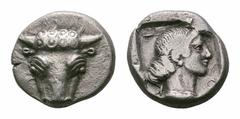 Phokis, AR Triobol. Phokis, Federal Coinage AR Triobol. Delphi, 457 - 446 BC. Frontal triangular bull’s head, the hair in ringlets, in field below to left [countermark owl standing facing three quarte