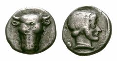 Phokis, Federal Coinage AR Triobol. Phokis, Federal Coinage AR Triobol. Circa 445-420 BC. Head of bull facing / Head of Artemis right within incuse square. Williams 253 (O178/R147); BCD Lokris-Phokis 
