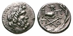 Achaia, Achaean League. Aigiera AR Hemidrachm. Achaia, Achaian League. Aigiera AR Hemidrachm. 160-146 BC. Laureate head of Zeus right / League monogram; above, forepart of goat right; AΛ-KI across fie