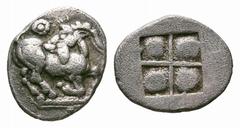 Thraco-Macedonian Tribes. The Mygdones or Krestones AR Diobol. Thraco-Macedonian Tribes. The Mygdones or Krestones AR Diobol. 480-470 BC. Goat kneeling right, head reverted; solid rosette above, pelle