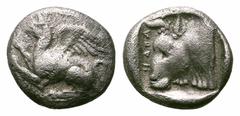 Thrace, Abdera AR Diobol. Thrace, Abdera AR Diobol. 395-360 BC. Kleantides, magistrate. Griffin springing left / Bull head left within incuse square. May, Abdera 305-308 var.; SNG Copenhagen 347. 1.57