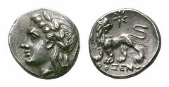 Ionia, Miletos AR Hemidrachm. Ionia, Miletos AR Hemidrachm. Circa 352-325 BC. Proxenos, magistrate. Laureate head of Apollo left / Lion standing left, head right, MI monogram to left, star above. Depp