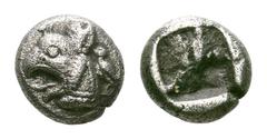 Ionia, Phokaia AR Diobol. Ionia, Phokaia AR Diobol. Late 6th Century BC. Head of griffin l.; seal behind / Incuse square. Cf. SNG von Aulock 2116 (triobol?); SNG Keckman 300. 1.53g, 10mm. Minor porosi