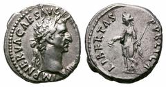 Nerva AR Denarius. Nerva AR Denarius. Rome, AD 96. IMP NERVA CAES AVG P M TR P COS II PP. Laureate bust right / LIBERTAS PVBLICA. Libertas standing left, holding pileus and sceptre. RIC 7; RSC 106. 3.