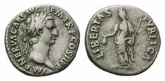 Nerva AR Denarius. Nerva AR Denarius. Rome, AD 97. IMP NERVA CAES AVG P M TR P COS III P P, laureate bust right / LIBERTAS PVBLICA, Libertas standing left, holding pileus and sceptre. RIC 19; BMC 46. 