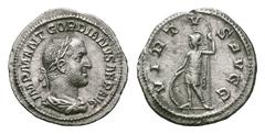 Gordian I Africanus AR Denarius. Gordian I Africanus AR Denarius. Rome, AD 238. IMP M ANT GORDIANVS AFR AVG Laureate, draped and cuirassed bust r. / VIRTVS - AVGG Virtus standing l., resting r. hand o
