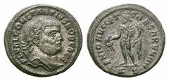 Constantius I Æ Follis. Constantius I Æ Follis. Cyzicus, AD 297-299. FL VAL CONSTANTIVS NOB CAES, laureate head right (large head type) / GENIO AVGG ET-CAESARVM NN, Genius standing left, modius on hea