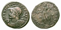Galerius Æ Follis. Galerius Æ Follis. Trier, AD 298-299. MAXIMIANVS NOB CAES, laureate, helmeted and cuirassed bust left, holding spear and shield / GENIO POPVLI ROMANI, Genius standing left, tower on