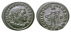 Galerius Æ Follis. Galerius Æ Follis. Trier, AD 305-307. MAXIMINVS NOB C. Laureate and cuirassed bust right / Genius standing left, S-F across fields, PTR in ex. RIC 668b. Scarce. 9.39g, 28mm, 7h. Per