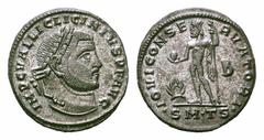 Licinius I Æ Follis. Licinius I Æ Follis. Thessalonica, AD 312. IMP C VAL LICINIVS PF AVG. Laureate head right / IOVI CONSE - RVATORI / B / * SMTS * Jupiter standing en face, head left, wearing cloak,