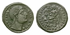 Constantine I Æ Follis. Constantine I Æ Follis. Constantinopolis, AD 328. Rosette-diademed head right, in attitude of prayer toward the heavens / Victory seated left on cippus, head right, holding pal