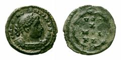 Constantine I Æ1/4 Follis. Constantine I Æ1/4 Follis. Trier, AD 310-311. IMP CONSTANTINVS AVG, laureate, cuirassed bust right / VOT X MVL XX in four lines within wreath. Extremely Rare. RIC 909a. 0.90