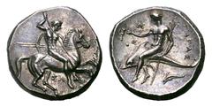 Calabria, Tarentum AR Didrachm. Calabria, Tarentum AR Didrachm. Circa 315-300 BC. Nude rider on horse prancing to right, hurling spear with his right hand and holding two spears and a shield with his 