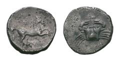 Sicily, Akragas AR Hemidrachm. Sicily, Akragas AR Hemidrachm. Mid-late 4th century BC. Crab; small M above / Horse galloping right; star above. SNG ANS 1109; SNG Lloyd -; SNG Copenhagen 92; Dewing 573