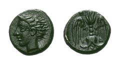 Sicily, Katane Æ Tetras. Sicily, Katane Æ Tetras. Circa 405-402 BC. Head of the river god Amenanos left; ivy leaf behind / Winged thunderbolt; three pellets around. CNS III, 1; SNG ANS 1272. 0.74g, 8m