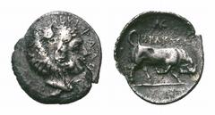 Sicily, Kephaloidion AR Triobol. Sicily, Kephaloidion AR Triobol. Circa 307-305 BC. Head of Herakles right, wearing lion skin headdress; EK ΚΕΦΑΛΟΙΔΙON around / Bull butting left; monogram AK and ΗΡΑΚ