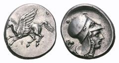 Corinthia, Corinth AR Stater. Corinthia, Corinth AR Stater. Circa 405-345 BC. Pegasos flying left / Helmeted head of Athena right; double-bodied owl behind. Pegasi 157/1; Ravel 602. 8.58g, 22mm, 4h. W