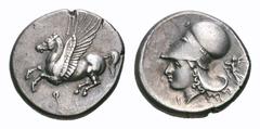 Corinthia, Corinth AR Stater. Corinthia, Corinth AR Stater. Circa 375-300 BC. Pegasos flying left; koppa below / Helmeted head of Athena left; I below chin; to right, Nike flying left, holding open wr