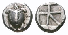 Islands off Attica, Aegina AR Stater. Islands off Attica, Aegina AR Stater. Circa 480-457 BC. Sea turtle with line of pellets down the back of its shell / Square incuse with large skew pattern. Gulben