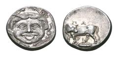 Mysia, Parion AR Hemidrachm. Mysia, Parion AR Hemidrachm. 4th century BC. Gorgoneion / Bull standing left, head right; grain ear below. SNG France 1373; BMC 23. 2.38g, 14mm, 1h. Near Extremely Fine.