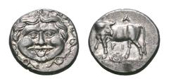 Mysia, Parion AR Hemidrachm. Mysia, Parion AR Hemidrachm. 4th century BC. Gorgoneion / Bull standing left, head right; wreath below. SNG France -; BMC 38-9. 2.38g, 14mm, 5h. Near Extremely Fine.