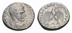 Macrinus AR Tetradrachm of Emesa, Syria. Macrinus AR Tetradrachm. Emesa, AD 217-218. Laureate, draped, and cuirassed bust / Eagle standing facing on thunderbolt, head turned right, holding wreath in b