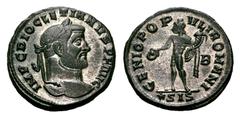 Diocletian Æ Follis. Diocletian Æ Follis. Siscia, AD 299. IMP C DIOCLETIANVS P F AVG, laureate head right / GENIO POPVLI ROMANI Genius standing left with patera and cornucopia, B in left field, *SIS i